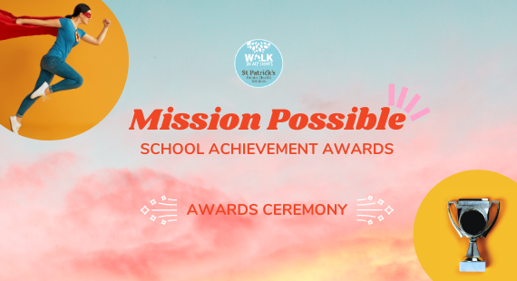 This image shows a woman dressed in a superhero outfit and a trophy on yellow backgrounds, with the text "Mission Possible School Achievement Awards" also on screen.