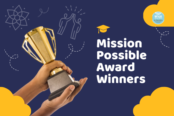 Two hands clasp a gold trophy with the text "Mission Possible Awards Winners" in the background