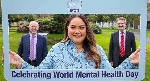 Photo of Grace Mongey Gernon, mental health advocate and content creator, with Paul Gilligan, Chief Executive Officer of St Patrick's Mental Health Services (SPMHS), and Professor Paul Fearon, Medical Director of SPMHS, launching the WIMS Live campaign