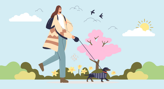 Illustration of a young woman spending time in nature while walking her dog in a park