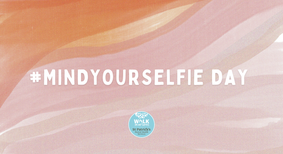 Text reading "#MindYourSelfie Day" is seen against a background of overlapping waves in pastel orange and pink colours
