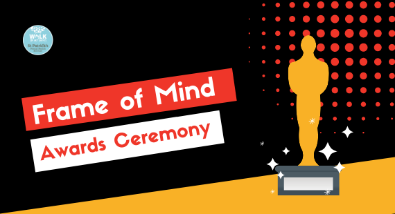 A gold trophy statue stands against a black background with the text "Frame of Mind awards ceremony" beside it.