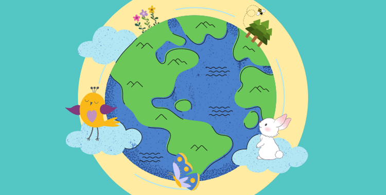 Graphic of the world globe surrounded by clouds and sunshine, little animals like rabbits and birds, and supporting trees, flowers and bees