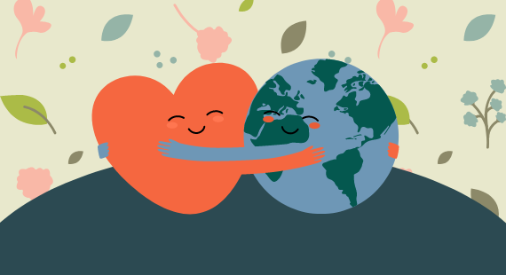 Illustration of a cartoon of the earth hugging a love heart against a background of flowers and leaves in nature