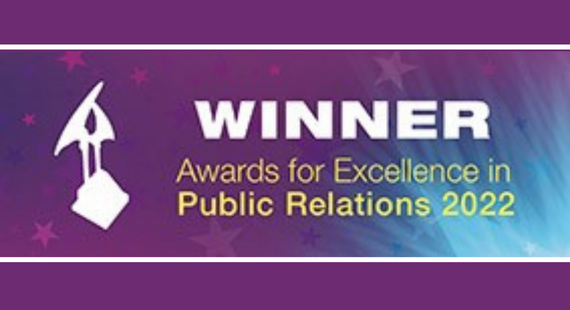 Logo image for winners of Awards for Excellence in Public Relations 2022, showing an illustration of a trophy against a purple background with stars