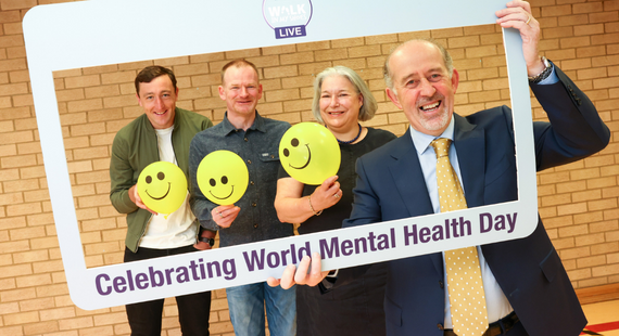 Left to right: Dublin GAA hurler Cormac Ryan; SeeChange ambassador Gary Anderson; mental health advocate Charlotte Frorath; and Chief Executive Officer of St Patrick's Mental Health Services Paul Gilligan launch WIMS Live on World Mental Health Day 2022.