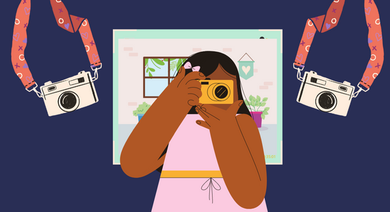 Frame of Mind photography competition: Illustration of a young woman holding a camera to take a photo of a family scene