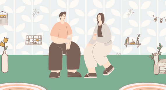 Illustration of two young friends sitting in a cosy family sitting room, chatting together