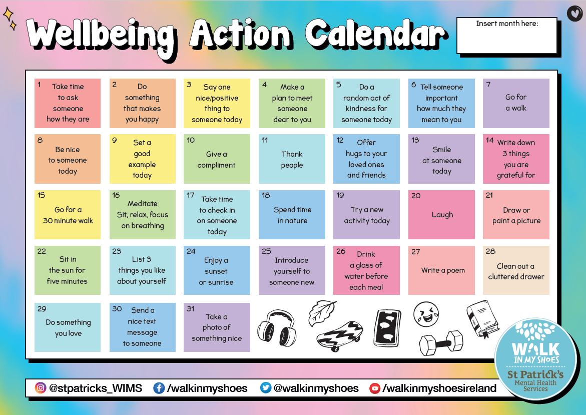 Image of Walk in My Shoes Wellbeing Action Calendar which gives suggestions for actions to support positive mental health for every day of the month