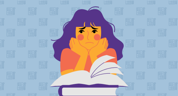 Exam stress: illustration of a young female student looking anxious as she reads through books while studying