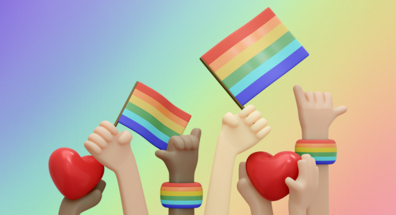 LGBTQ+ mental health: illustration showing the hands of a group of people holding PRIDE flags in the air