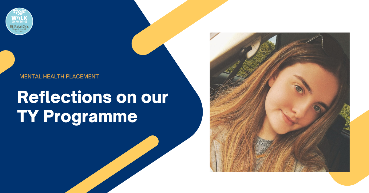 This is an image of Transition Year student Emer Corcoran with blue and white illustrated design elements.