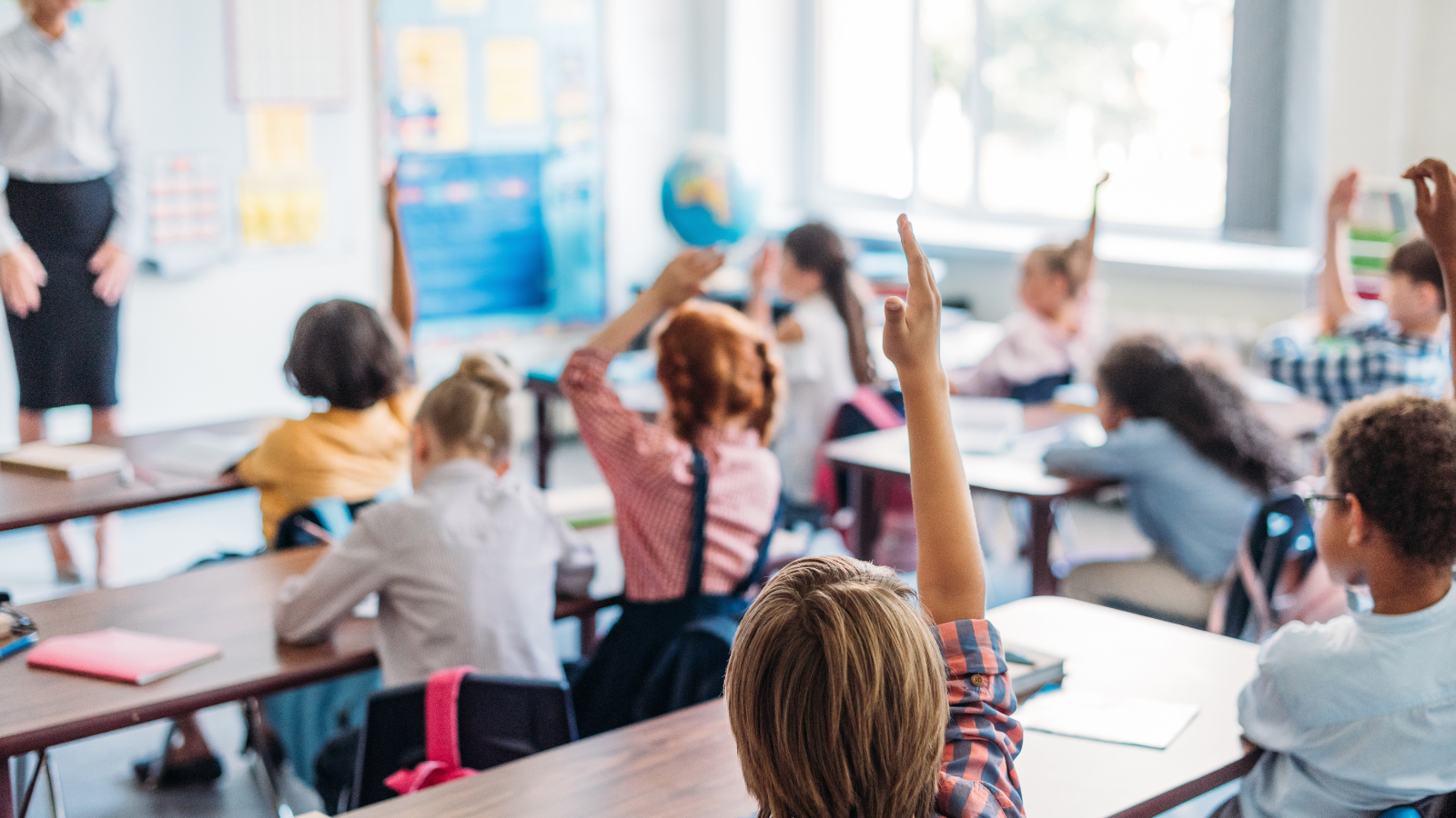 This is an image of a primary school classroom. There are six rows of children facing the blackboard. The teacher is standing at the top of the classroom and several students have their hands raised to answer a question.